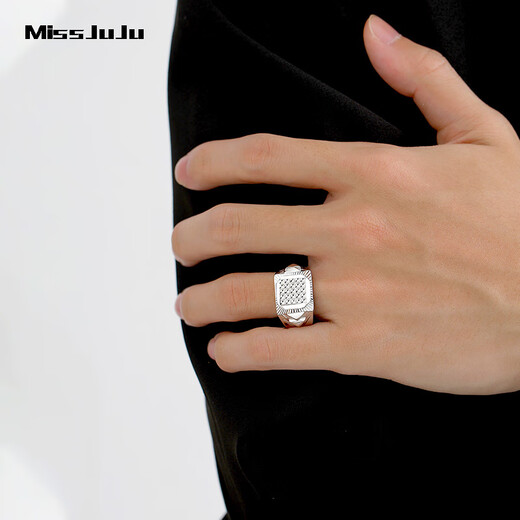 Miss JuJu platinum wide face thick ring for men PT950 white gold rhombus face shiny car flower ring live adjustable weight 16.10 grams