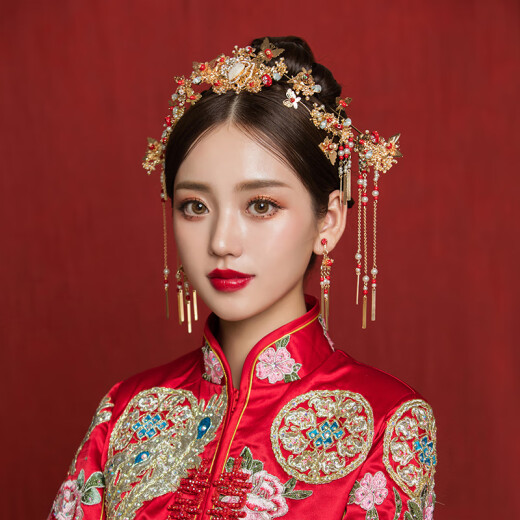 Eleventh Moon Ceremony Xiuhe Clothing Headwear Bride Chinese Style Wedding Hair Accessories Ancient Style Han Clothing Accessories Tassel Set Fairy New Style Set One [Ear Clip]