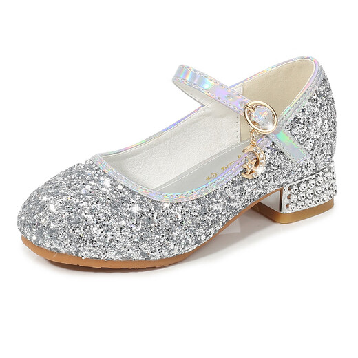 Xin Yueqing girls high heels fashion catwalk performance host shoes girls silver crystal princess shoes medium to large girls single leather shoes silver 36 inner length 22 cm