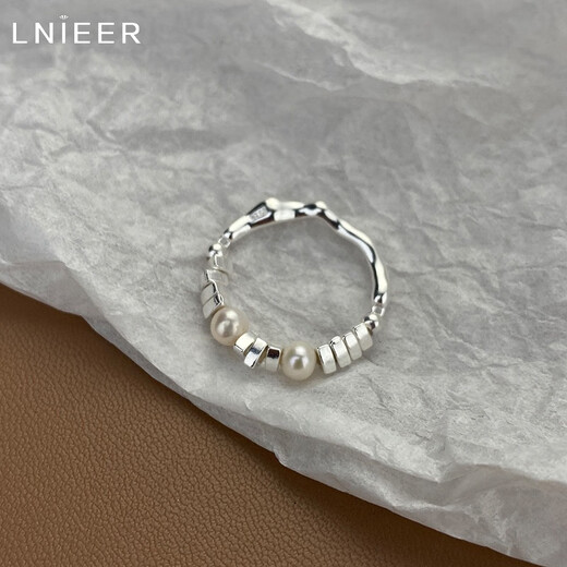 LnieerS925 Silver Broken Silver Pearl Ring Women's Light Luxury Niche Design Ring Index Finger High-Quality Ring Ring Broken Silver Pearl Ring (Size Adjustable)