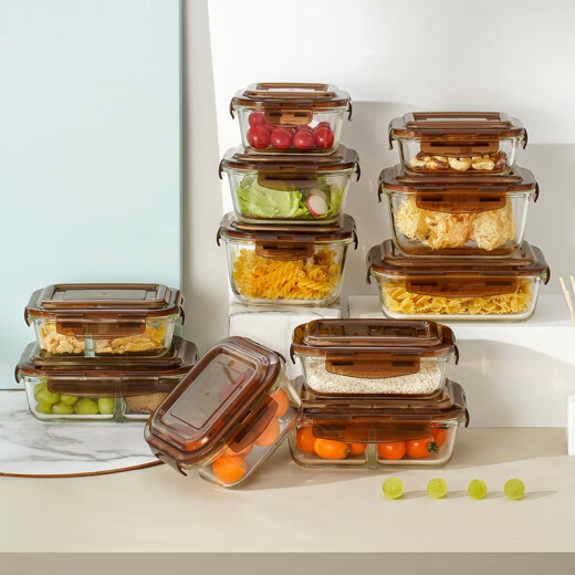 Supor glass lunch box microwave oven bowl sealed with lid separated lunch box set combination convenient fresh-keeping box lunch box brown 740ml square single grid KB740AH10