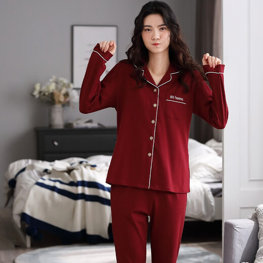 An Guifen pajamas for women in spring and summer pure cotton long-sleeved cardigan lapel set autumn new Korean version sweet solid color comfortable casual home loose plus size fat MM young ladies home clothes 9901 gem red L