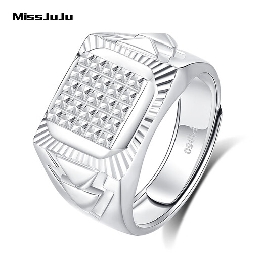 Miss JuJu platinum wide face thick ring for men PT950 white gold rhombus face shiny car flower ring live adjustable weight 16.10 grams