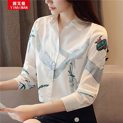 Yin Aiman ​​shirt women's long-sleeved women's autumn and winter new style 2020 white square collar concealed buckle anti-exposure commuting loose women's formal top women's fresh floral temperament loose shirt women's A9315 shirt bamboo leaves do not take pictures <Please take the correct size>