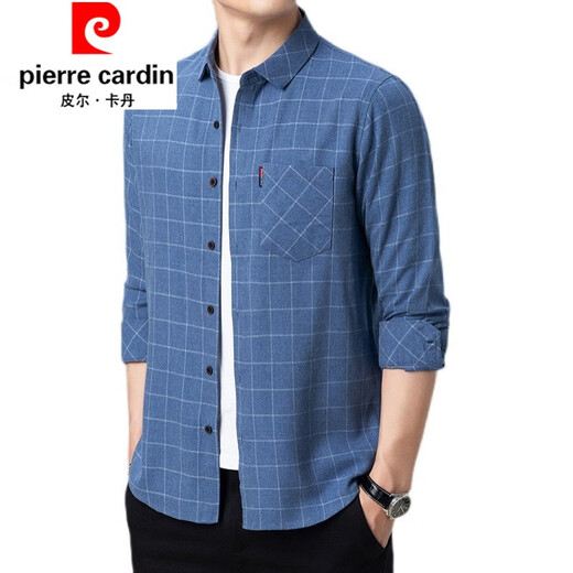 Pier Cardin Pure Cotton High Elastic Langarmed Hemd Herren Frühling und Herbst mittleren Alters und ältere Männerplaid lou lous großer Baumwollhemd 6626 Blauer Dünnstil 175/XL empfohlen 135-145jin [Jin gleich 0,5 kg]