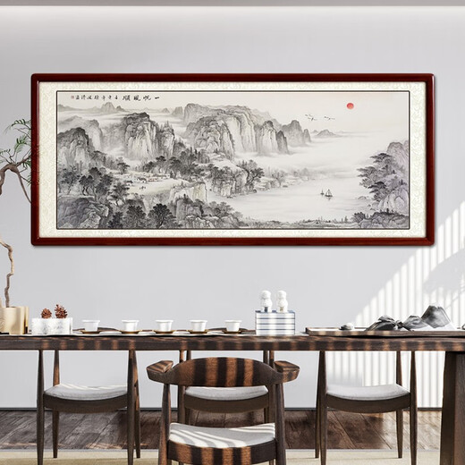 Shangdetang hand-painted Chinese painting landscape painting living room decoration painting office study hanging painting wall painting smooth sailing ink painting Sapele solid wood frame-rounded brown framed 218*88cm