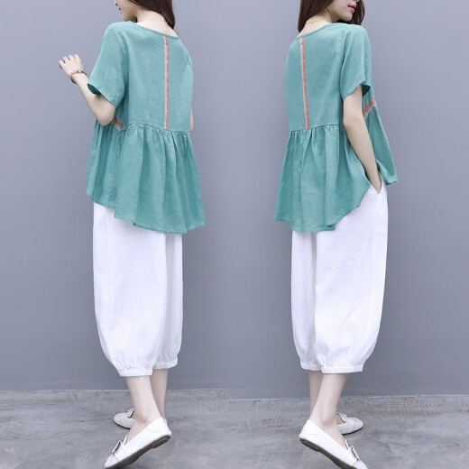 Pan Ge Women's 2020 New Summer Cotton and Linen Dress Large Size Fashionable Age-Reducing Belly Covering Fashion Casual Suit Women's Two-piece Set P8666 Picture Color L