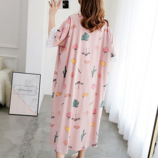 LANWEIFEILEI夏季薄款短袖女300斤公主风长款过膝睡裙胖妹妹宽松200睡衣SN7029 蓝色人掌 3XL 建议200-250斤