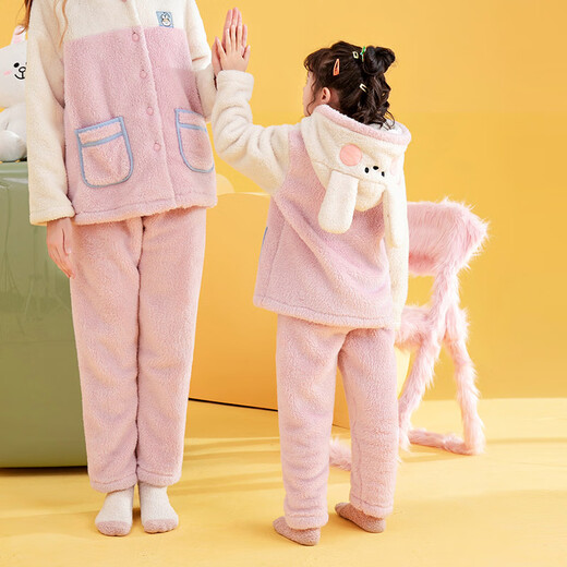 Fenton Pajamas Girls Autumn and Winter New Parent-child Hooded Nanfu Puff Girls Home Clothes Children's Pajamas Set 1 Sakura Pink 140