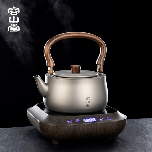 Rongshantang reines Titan Kessel Teekanne Outdoor -Teekanne mit großer Kapazität Teekanne Kochherd Elektro -Topf Health Pot Xuanwu Topf Kleine schwarze Walnussholz Getreide 1050 ml