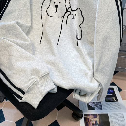 POUM sweatshirt men autumn and winter Chinese cotton round neck puppy print versatile trendy couple casual XXJR-FG1349 white gray L