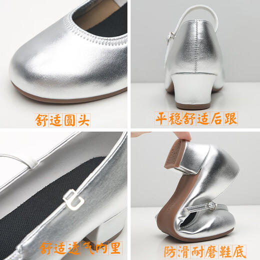 Bazeman dance shoes for women soft sole mid-heel Latin dance shoes round toe square dance shoes for women dancing shoes for women spring and summer new style silver (soled) 3.5 cm 38 (240)