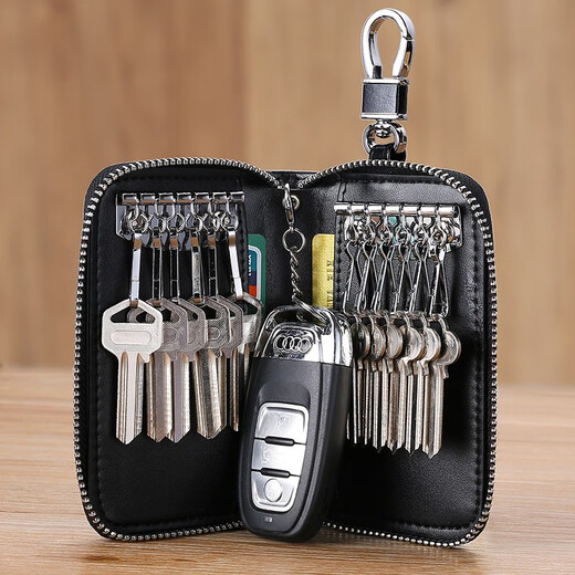 Maiweini2024 neuer Reißverschluss großer Kapazität Schlüsselbeutel Herren-Leder Multifunktion praktischer Autoschlüssel Cowhide Key Bag Royal Blue [Doppelreihe 12 Schlüsselpositionen + 2 Kartenpositionen]
