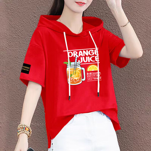 喻小熊有戴带帽孑的棉半袖女帽衫短袖t恤连帽女装新款夏季宽松半截袖 红色-687袖子标 2XL