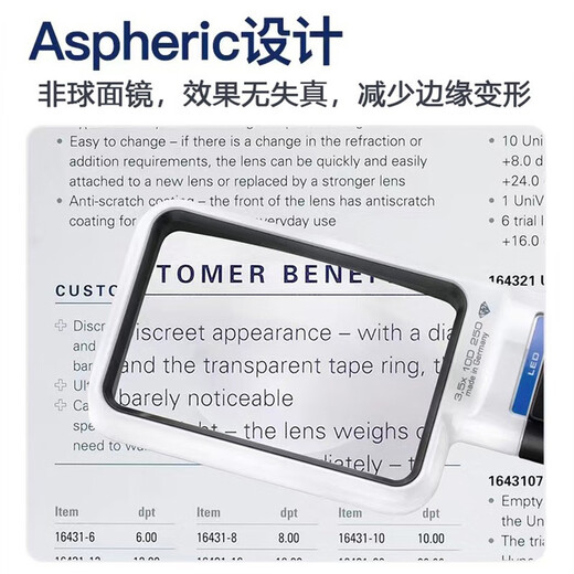 ESCHENBACH德国宜视宝手持式放大镜老人阅读高清高倍低视力方形LED带灯4倍 3倍 大镜面15122