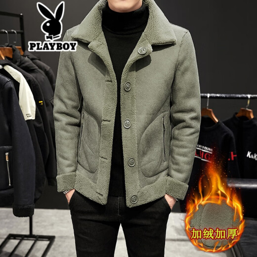 Playboy Genuine Leather Jacket Men's Fur One-piece Men's Sheepshear Leather Jacket Trendy Fur Granular Velvet Short Winter Reversible Jacket Green (Double-Sided Plus Velvet Thickening) XXL135-145Jin [Jin equals 0.5 kg]