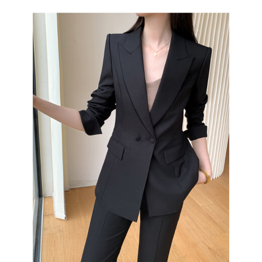 Sugargirl春秋季黑色小西装套装女时尚高端职业正装主持人休闲百搭西服外套 2694黑色六粒扣西装+裤子 L