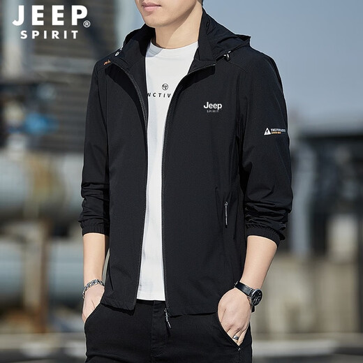 JEEP SPIRIT sun protection clothing men's summer ice silk thin breathable jacket men's removable hood high elastic sports fishing sun protection clothing black L