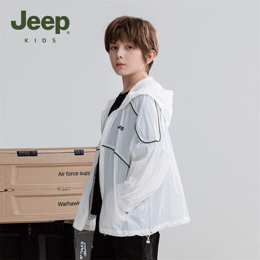 Jeep children's sun protection clothing 2025 summer new breathable skin clothing boys and girls sun protection clothing hooded thin jacket white 110 cm