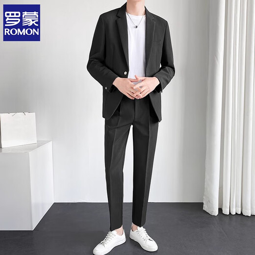 ROMON casual suit suit for men, loose and versatile jacket, high-end Korean version, light business formal wear, handsome little suit for men, two-piece suit, gray blue suit + trousers, XL size
