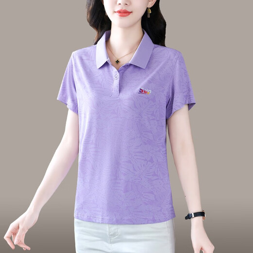 Shengyu ice silk lapel short-sleeved T-shirt for women in summer 2024 new trendy mother POLO shirt leads sports and casual top for women, leather powder XL (recommended 110-119Jin [Jin equals 0.5 kg])