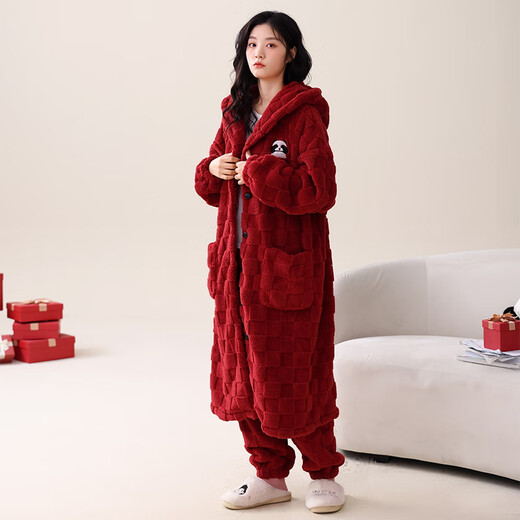 猫人睡袍女睡衣睡裙秋冬款冬季加厚加绒保暖珊瑚绒长款大码家居服 M6195 M ( 建议70-95斤)