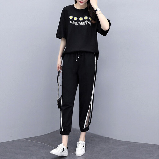 Shanidoluo large size women's suit female fat mm summer fat man looks slim and fat plus size women's loose casual suit 16014 black-little daisy 15911 L (recommended 95-115 Jin [Jin equals 0.5 kg])