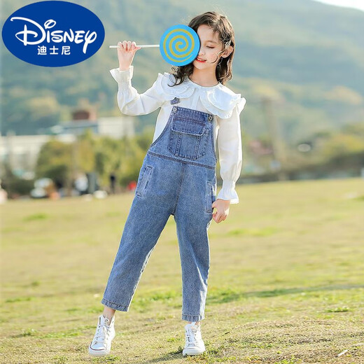 迪士尼（Disney）女童牛仔背带裤2024新款10岁中大童韩版裤子春秋洋气儿童秋装套装 蓝色背带裤 150cm 建议10-11岁