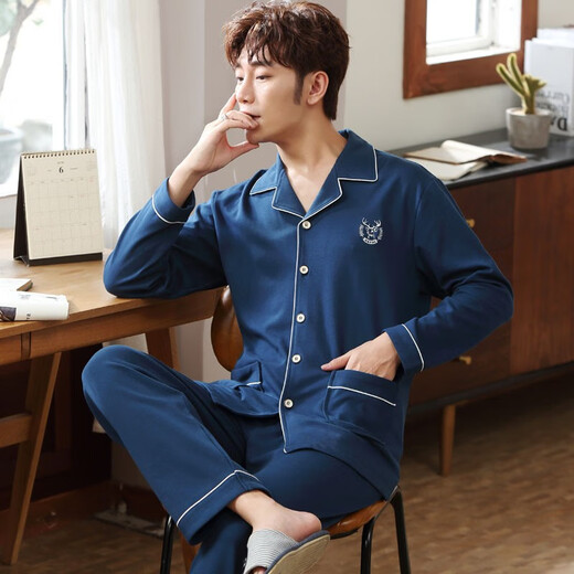 美姬安妮长袖纯棉睡衣男春秋季中老年人爸爸加肥加大码家居服肥佬秋款套装 15696 XXL（160-180斤）