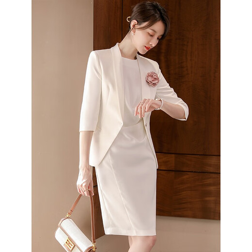 J-ME high-end suit jacket women's dress 2025 spring professional suit temperament five-quarter sleeve suit formal women's work clothes jacket + dress white L 105-115Jin Jin equals 0.5 kg