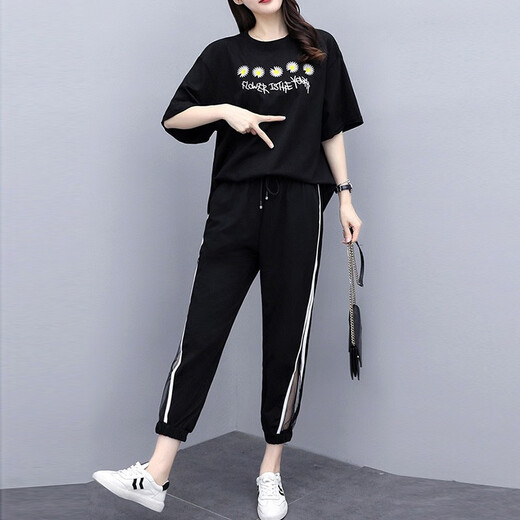 Shanidoluo large size women's suit female fat mm summer fat man looks slim and fat plus size women's loose casual suit 16014 black-little daisy 15911 L (recommended 95-115 Jin [Jin equals 0.5 kg])