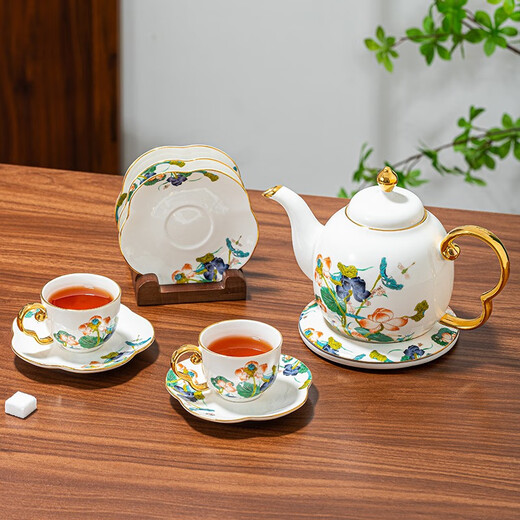 Yanze New Chinese Tea Set Living Room Light Luxury High-end Afternoon Tea Teapot Teacup Complete Gift Box Cup Set Lotus Pond Spring Color 17-piece Set-Rectangular Shelf