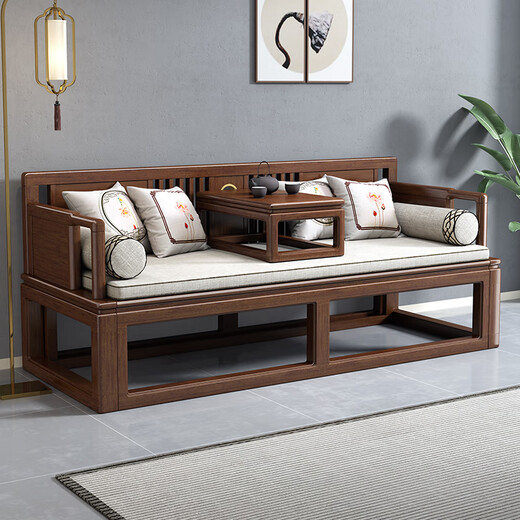 Dimmel New Chinese-style solid wood arhat bed walnut small apartment telescopic push-pull bed sofa bed Zen arhat bed push-pull arhat bed (cotton linen + latex style) assembly