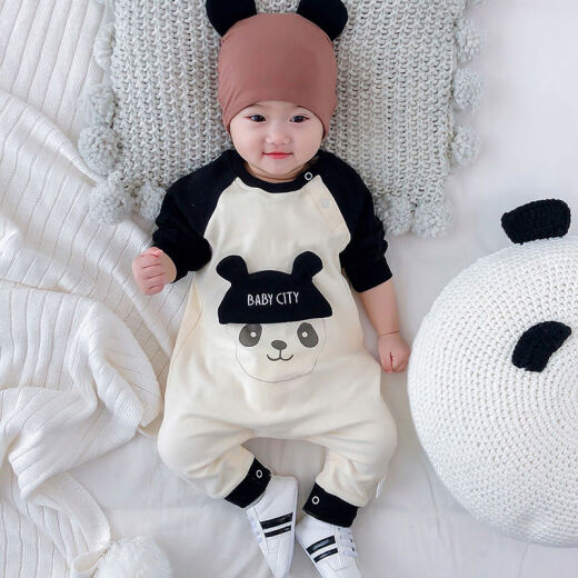Baby girl 6-12 months old in autumn, wearing a harem when going out, spring and autumn long-sleeved male baby jumpsuit, male baby clothes, black sleeves, red panda 80cm