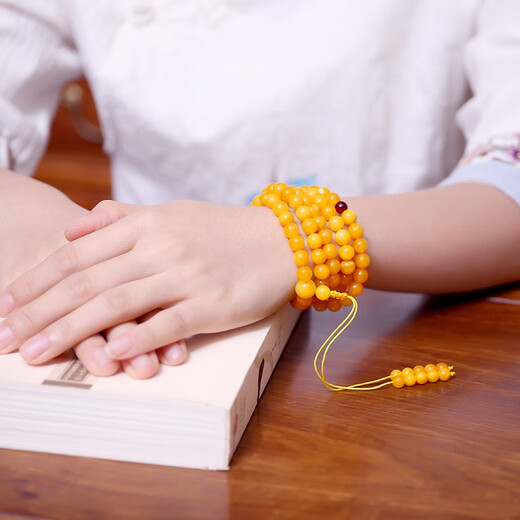 MUJUE beeswax bracelet for women, amber honey-filled chicken fat yellow 108 old honey Buddha beads, men's bracelet 9-9.5mm