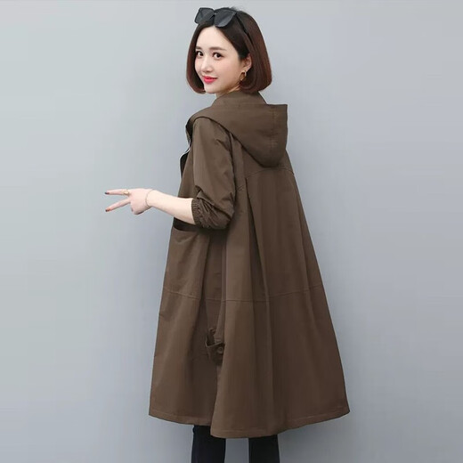 Mucha Lily Windbreaker Jacket Women's 2025 New Spring and Autumn Women's Clothing Loose Middle-aged Casual Small Hooded Workwear Mid-Length Brown L (Suitable for 118-130 Jin Jin equals about 0.5 kg)