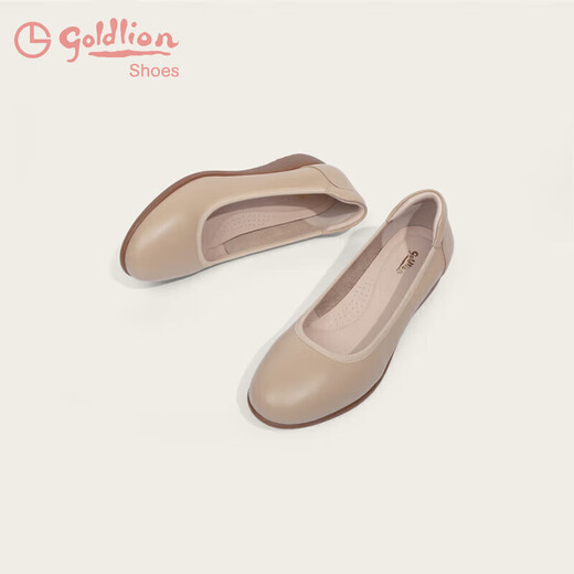 金利来（goldlion）女鞋坡跟皮鞋时尚圆头牛皮浅口一脚蹬单鞋女 G662320016杏色38