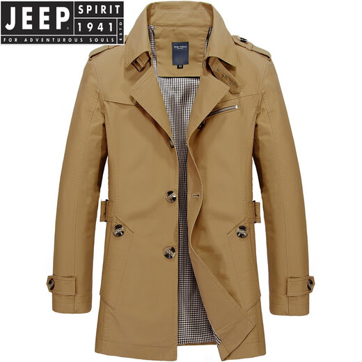 JEEP SPIRIT新款男士中长款外套风衣时尚修身风棉水洗风衣外套男 浅卡其 M