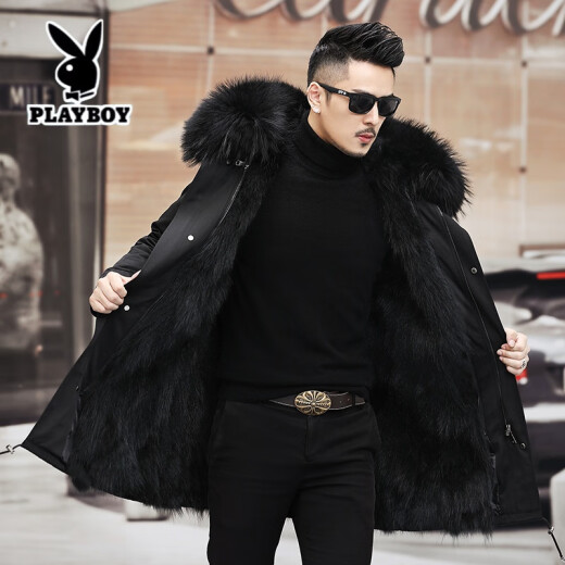 Playboy (Premium Exclusive) 2021 Winter New Parka Men's Mid-Length Fur-In-One Haining Autumn Thickened Fox Fur Parka Classic Mid-Long Black XXL130Jin[Jin is equal to 0.5kg]-140Jin[Jin is equal to 0.5kg]