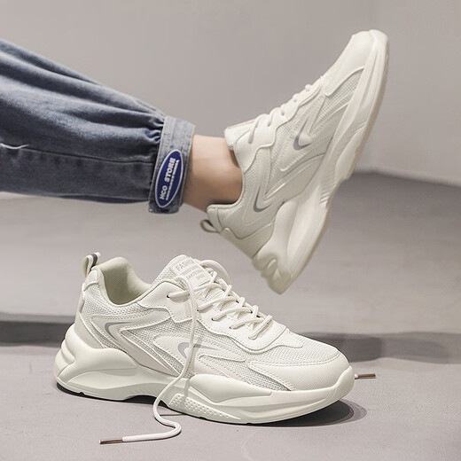 Wei Guang, Papa Schuhe Männer atmungsaktives Mesh-Laufschuhe dicker alleinerhöhender Schuhe Retro lässige und vielseitige Walking-Sneakers Beige 42