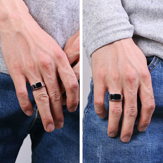 Miaojufu black agate high-end men's ring S925 live ring ring open gemstone simple and adjustable large black agate S925 silver ring