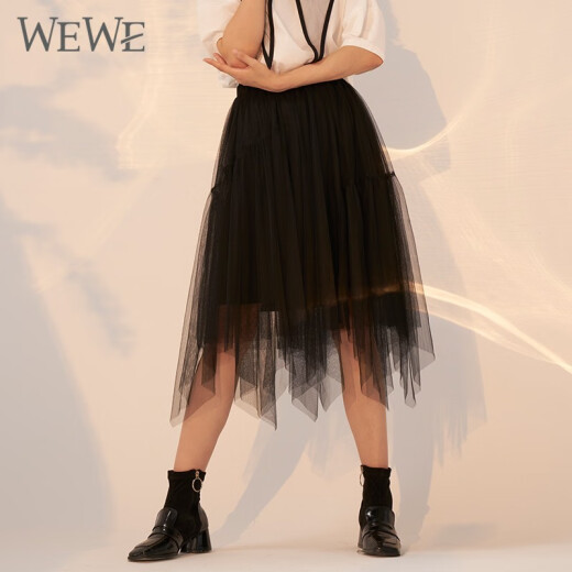 WEWE Weiwei autumn new women's skirt high waist fashionable lace mid-length skirt little black skirt black L