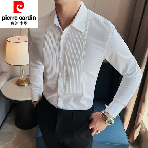 
Pierre cardin groom wedding shirt men's long-sleeved fashion pleated dress shirt trendy slim men's wedding banquet performance shirt white 2XL