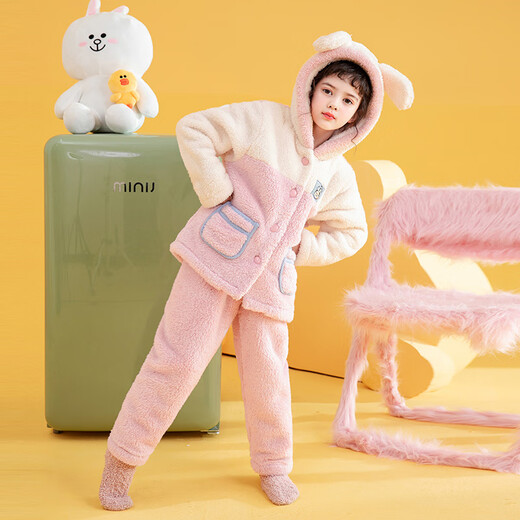 Fenton Pajamas Girls Autumn and Winter New Parent-child Hooded Nanfu Puff Girls Home Clothes Children's Pajamas Set 1 Sakura Pink 140