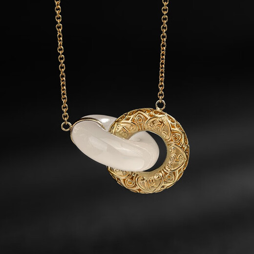 Potala Palace 18k gold inlaid jade pendant interlocking white jade peace buckle necklace for women as a gift for girlfriend Interlocking white jade necklace