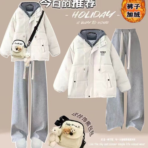 FHHUABD冬季女装全套小个子可爱加绒加厚包包套装女学生韩版宽松面包 牛仔裤 1396# S  建议80-95斤