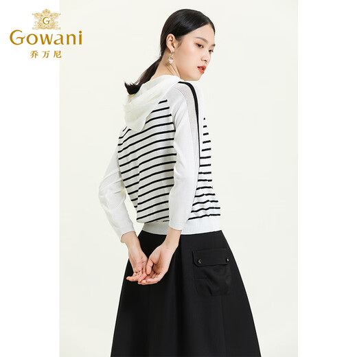 Giovanni spring new hooded sweatshirt striped black and white stitching designer wool long-sleeved top black striped S