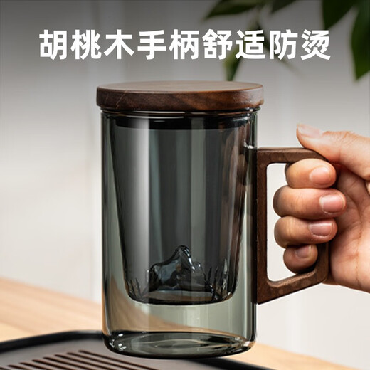 Tianxi (TIANXI) Guanshan Tea Water Separation Cup Glass High-Looking Office Tea Cup High Temperature Resistant Filtration Drinking Water Tea Ceremony Cup Guanshan Tea Cup Green Gray Wooden Handle-500ml