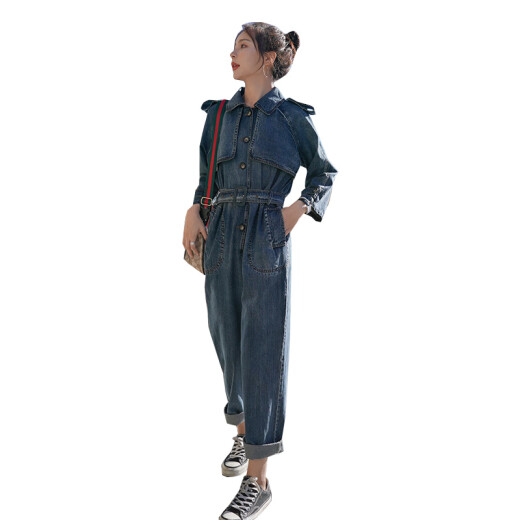 Qiandai workwear denim jumpsuit suit for women 2023 spring new high-waisted long-sleeved jumpsuit Harem denim jumpsuit blue plaid M96-105Jin [Jin equals 0.5 kg]