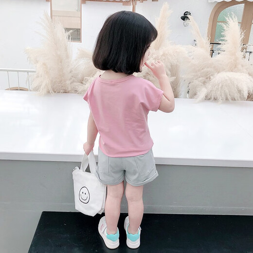 布潮星女童套装夏装新款夏季儿童洋气女宝宝童夏天短袖T恤短裤小孩衣服 粉红色（上衣+裤子） 110码建议3-4周岁）